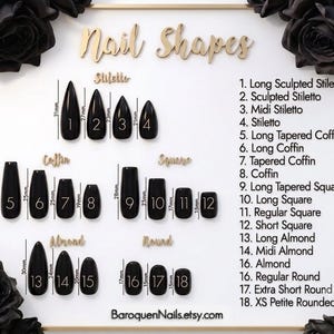 May include: A white chart titled Nail Shapes displaying eighteen black artificial nail samples in various styles including stiletto, coffin, square, almond, and round. Each nail is numbered and labeled with specific metric measurements in millimeters.