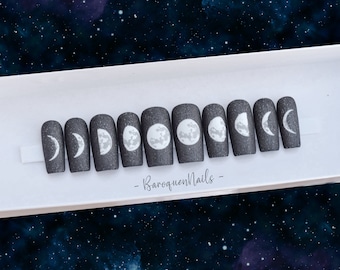 Designer Press On Nails Lunar Phase Dark Galaxy Style With Hand Painted Art