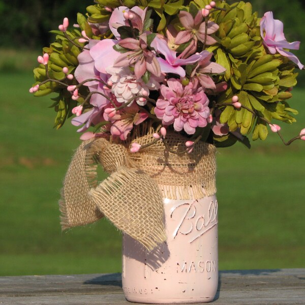 Rustic Centerpiece Pink and Green Silk Flowers painted distressed mason jar pink pip berries silk flowers burlap bow