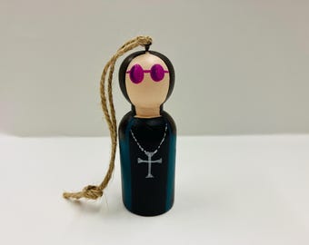 Hand-Painted Ozzy Osbourne Ornament: Cartoon Peg Doll