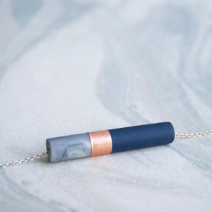 Necklace with a copper, navy blue and marbled grey resin pendant on a silver plated curb chain or adjustable thread for women // HYLINN