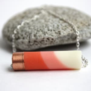 Necklace with an original tube pendant handmade with copper and blue or orange hues on resin, on a silver plated chain - NAÏCA // 03