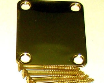 Replacement Four Hole Neck Plate & Screws, Gold Finish, for Fender Strat, Tele, and similar Guitars