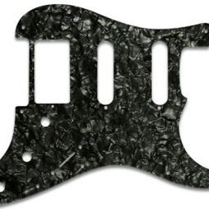 May include: Black and white pickguard with a marbled pattern for an electric guitar.