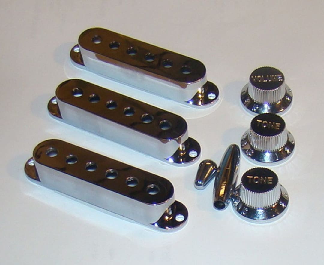 Single Coil Pickup Covers for Fender® Strat®, Chrome Finish With Knobs