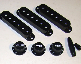 Set of Three Stratocaster Knobs 1 Volume 2 Tone, Three Pickup Covers + Switch and Trem Tips - Black or Chrome