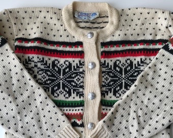 Vintage Norwegian Sweater- Nordic Folk Design - Charming Silver Buttons! - Yummy Complex Scandinavian Pattern - Medium
