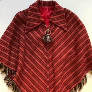 Ethnic Boho Poncho Coat - Charming Colorful Brick Tones - Fully Zip Front - Native Pattern Design Inspired Textile - S / M