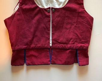 German Austria Vest - Lovely -Folk Costume in Dusty Deep Red with Ryal Blue Piping. Charm! Wonderful Holiday Vest - M / L