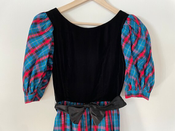 blue plaid christmas dress Blue Plaid V-Neck Puff Shoulder Midi Dress