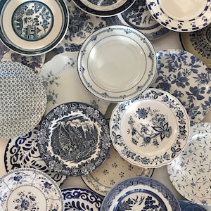 Blue White Dinner Plate Mismatched - Stripe Floral Spatter Asian Indigo Sky Ocean Blue - Priced Per! - Wedding Cottage Farmhouse Decor