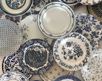 Blue White Dinner Plate Mismatched - Stripe Floral Spatter Asian Indigo Sky Ocean Blue - Priced Per! - Wedding Cottage Farmhouse Decor