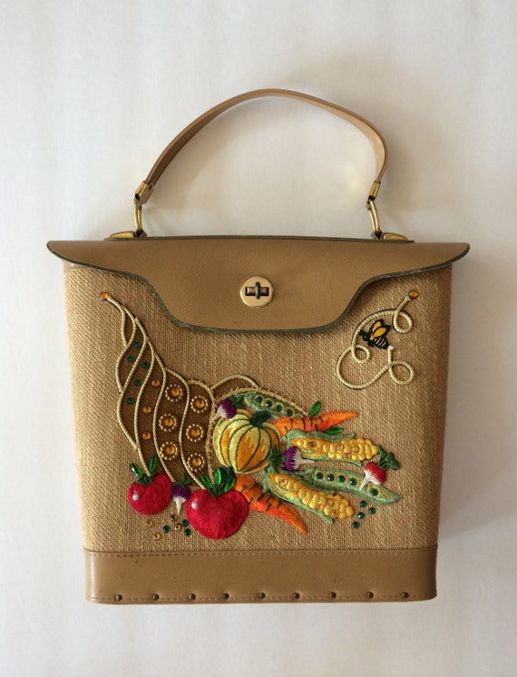 Thanksgiving Purse Handbag Enid Collins Look Vegetables Rare 1960s Embroidered Purse W Cornucopia Vegetables and Bee jewels Etsy UK