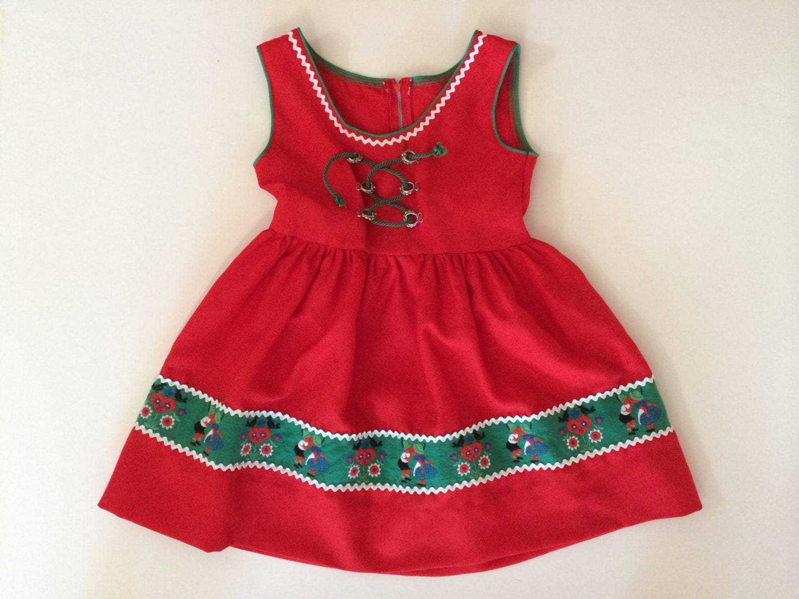 German Dirndl Dress - Little Girls Cherry Red w Green Accent & Enchanting Floral Embroidery Trim - Charming Alpine Folk Style - 2-4 Years