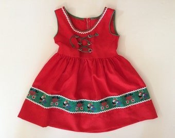 German Dirndl Dress - Little Girls Cherry Red w Green Accent & Enchanting Floral Embroidery Trim - Charming Alpine Folk Style - 2-4 Years