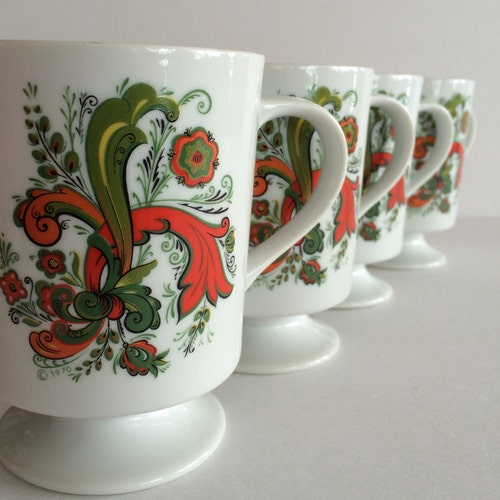 Norway Rosemaling Mugs - Scandinavian Folk Art - Bergen Coffee Cup Mug -Enchanting Folk Floral Rosemaling Pattern - Per Mug! - Available! -