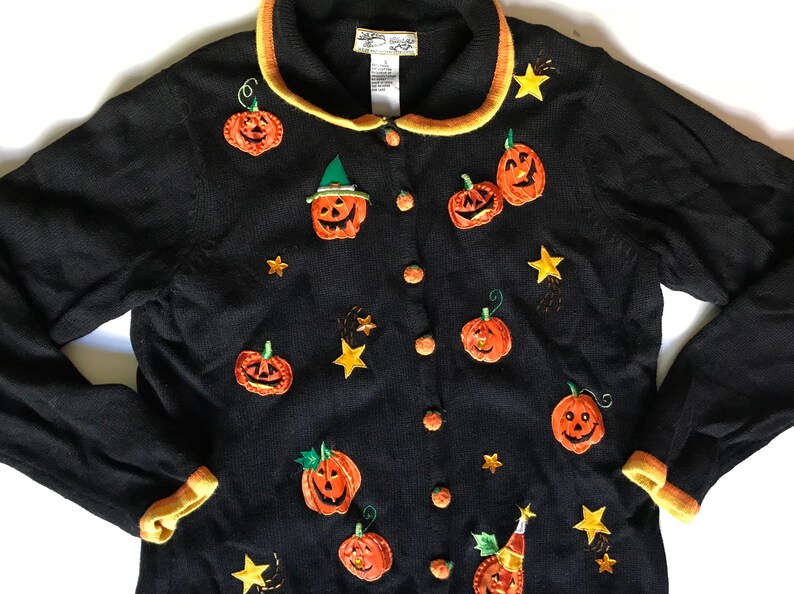 Fall Adorable Halloween Holiday Sweater w Texture /& Embroidery Charming Pumpkins Stars -Harvest Autumn Symbols in Vivid Oranges