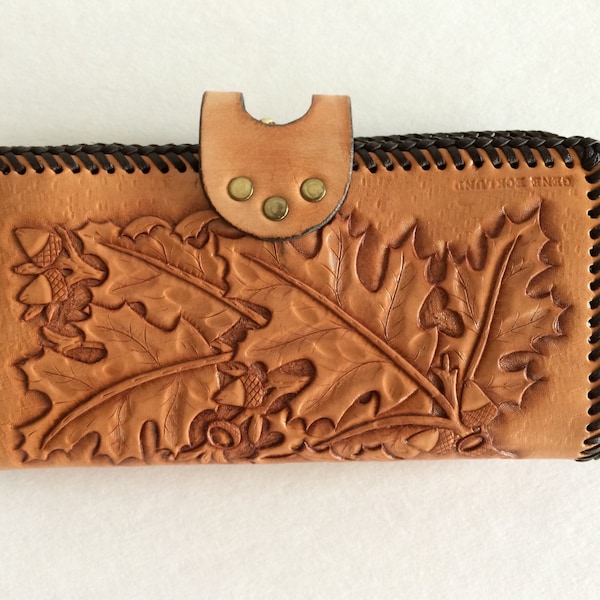 Western Leather Clutch w Oak & Acorn Design / Appears Unused /  Wonderful Folk Art Mexican Piece