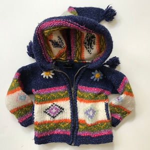 Kids Ethnic Sweater Ecuador - Yummy Bright Colors! w South American Pattern - Cute Flowers - Warm Sweater w Deep Hood and Tassles - Zip up!