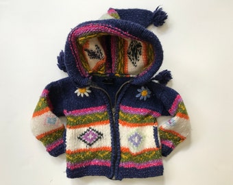 Kids Ethnic Sweater Ecuador - Yummy Bright Colors! w South American Pattern - Cute Flowers - Warm Sweater w Deep Hood and Tassles - Zip up!