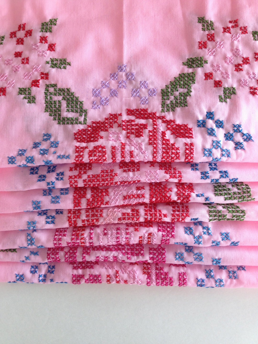 Rose Cross Stitch Quilt Squares W Red Roses on Pink Field W Blue Green