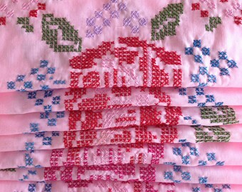 Rose Cross Stitch Quilt Squares w Red Roses on Pink Field w Blue Green Lavender - Cottage Folk Art for Cottage Country Decor - Priced Per!