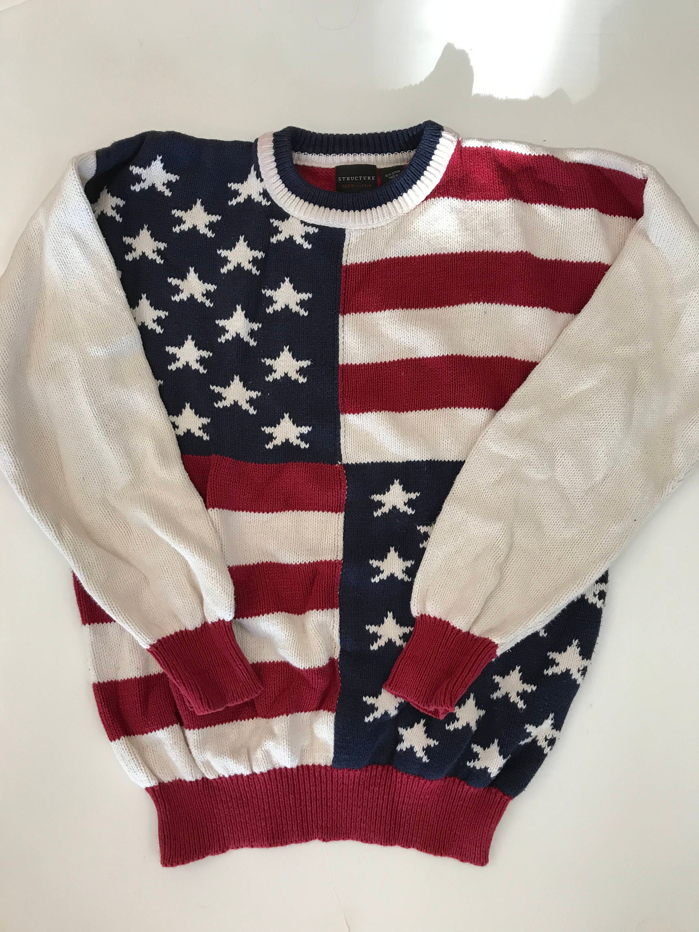 USA Flag Sweater so Cool Cotton Hand Knit W Old Glory Pattern USA Made ...