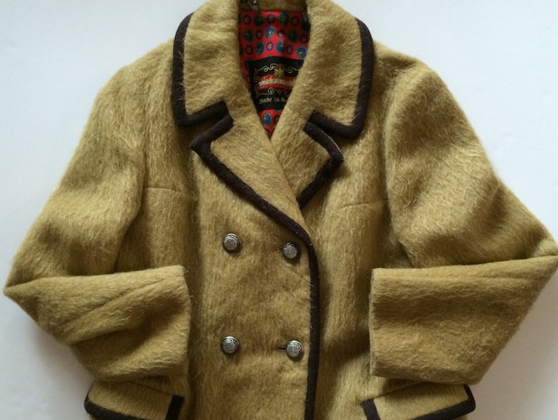 Great Alpine Look Rich Caramel Wool w Chocolate Piping Austrian Loden Coat Charming Red Folk Fabric Lining Austria