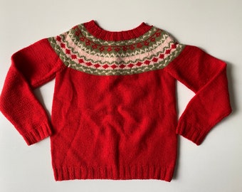 Vintage Skandinavischer Pullover für Kinder - Handgestrickt Fair Isle Muster - Schönes Kirschrot