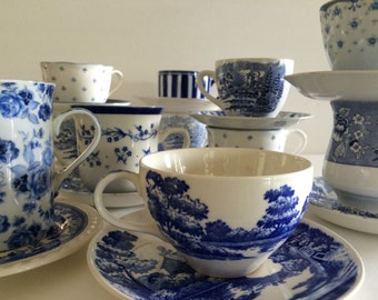 Tea Cups Mismatched Blue & White! -Floral Stripe Toile -Indigo/Cobalt/ French Blues! - 100 Available - Wedding Shower Cottage Decor