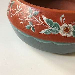 Scandinavian Folk Art Hand Painted Rosemaling Butter Bucket - Lovely Nordic Colors in Burnt Reds Whites & Blues!