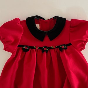 Cherry Red Christmas Dress - Black Velvet Collar - Charming - Beautiful  Tiny Red Roses - 24 Months