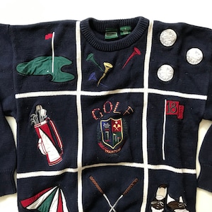 Vintage Golf Sweater w Golf Motifs w Very Cool Embroidery of Golfers and Golf Theme Subjects n Vivid Colors / Charming Country Club Golfer