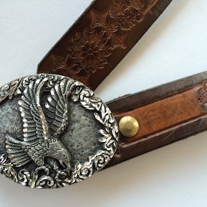 Vintage Cowboy Belt - Bald Eagle Belt Buckle - Love This! Hand Tooled Leather - Rich Patina - Cowboy Sportsman Southwestern Folk Art