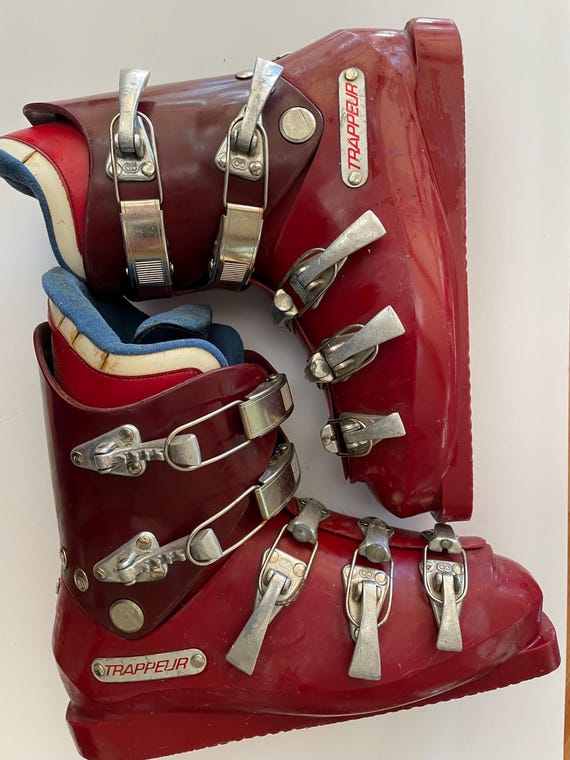 Ski Boots France Rossignol Trappeur Downhill Boots in Red Great Patina Vintage Ski Lodge Cabin Etsy