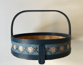 Sweden Folk Art Painted Basket - Charming! - Vintage Basket Box Letter Holder - Hand Painted Wood - Wedding - Flowers - Flower Girl Basket