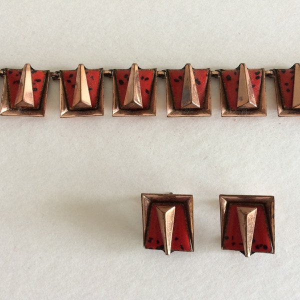 Matisse Renoir Necklace Earring Set - Red Enamel w Copper Rich Patina & Unusual Design - Mid Century California