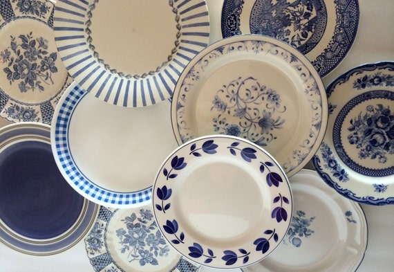 navy blue and white salad plates