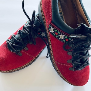 Vintage Hiking Boots Germany - Josef Seibel - Cherry Red Suede w Leather & Folk Trim - EU Size 40 - Italy - Amazing Mountain or City Boot