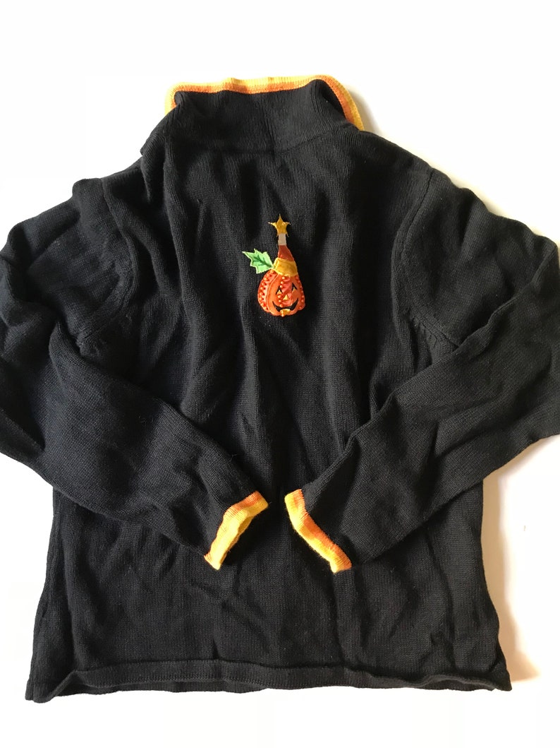 Fall Adorable Halloween Holiday Sweater w Texture /& Embroidery Charming Pumpkins Stars -Harvest Autumn Symbols in Vivid Oranges
