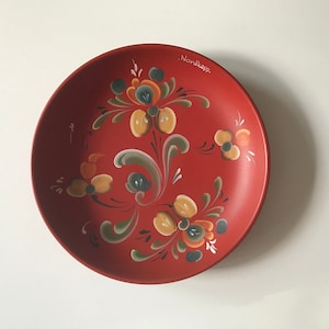 Scandinavian Folk Art Bowl- Rustic & Bright Rosemaling Design on Scandinavian Red - Norwegian Alpine Farmhouse Decor