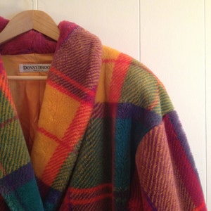 Vintage Plaid Blanket Coat in Bright  Rainbow Sherbet Colors / Warm Fuzzy Blanket Jacket w Faux Fur Look/ Designer Donnybrook