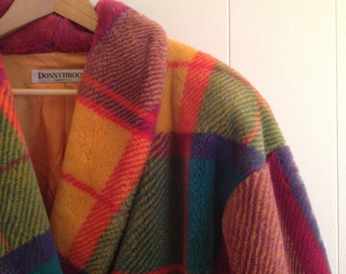 Vintage Plaid Blanket Coat in Bright Rainbow Sherbet Colors / Warm
