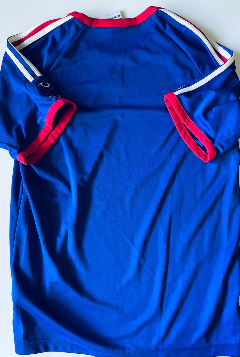 May include: A short-sleeved blue athletic jersey featuring a red crew neckline and red sleeve cuffs. The shoulders are accented with two white stripes that run down the length of the sleeves. A small dark logo is visible on the right sleeve.