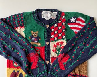 Charming Christmas Sweater - Love! - Cotton w Patchwork Pattern of USA Flag - Stars & Motifs! -So Darling!