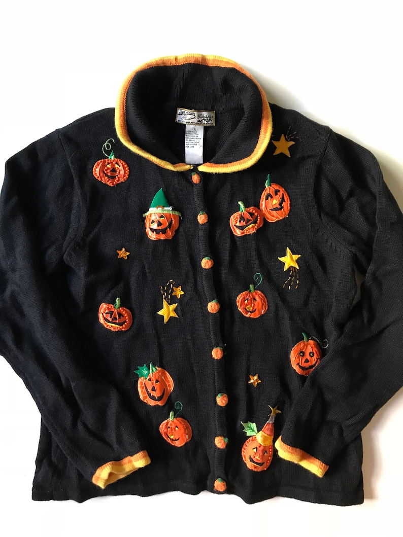 Fall Adorable Halloween Holiday Sweater w Texture /& Embroidery Charming Pumpkins Stars -Harvest Autumn Symbols in Vivid Oranges