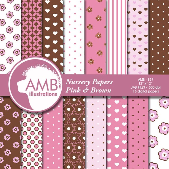 Nursery Digital Papers, Brown and Pink Papers, Polka Dot Papers, floral papers, Heart papers, Commercial Use, AMB-837 Il_570xn