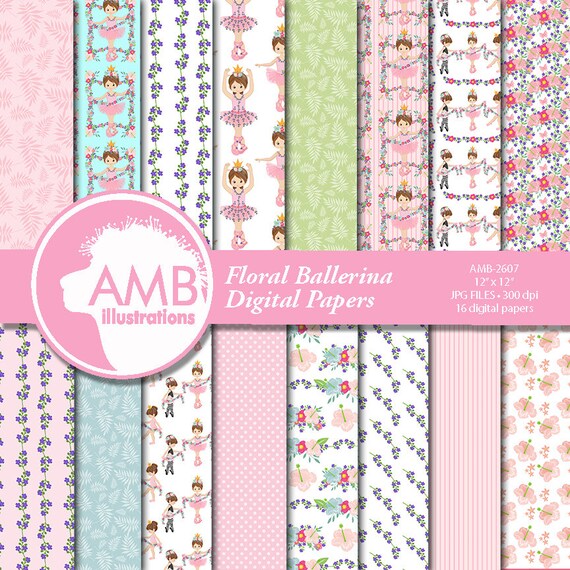Ballet digital papers, Ballerina scrapbook papers, Ballet scrapbooking paper, Floral ballet papers, commercial use, AMB-2607 Il_570xn