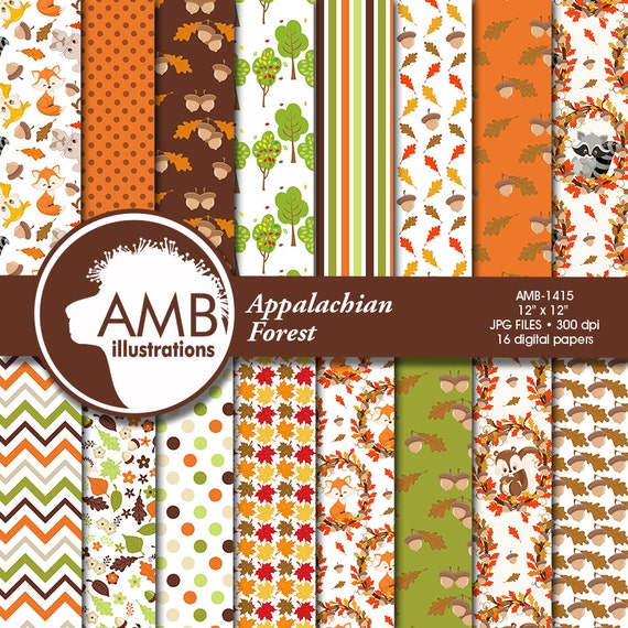 Forest Digital Papers, Animal Papers, Autumn Leaves Paper, Harvest Backgrounds, Commercial Use, AMB-1415 Il_570xn