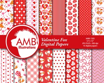 Valentine Digital Papers, Foxes Valentine digital papers, Fox Digital papers, Couple of Foxes, commercial use, AMB-1583
